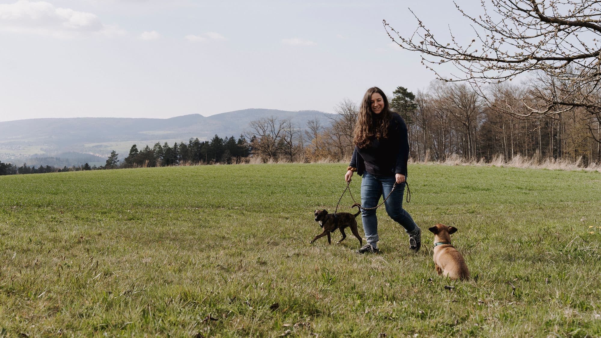 Liliane mit ihren Hunden auf der Wiese